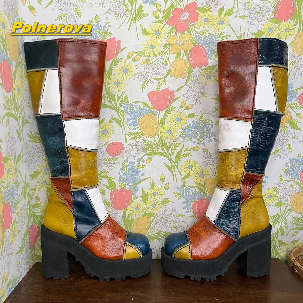 Vintage Fashion Y2K - 여성 레트로 패치워크 가죽 니하이 부츠