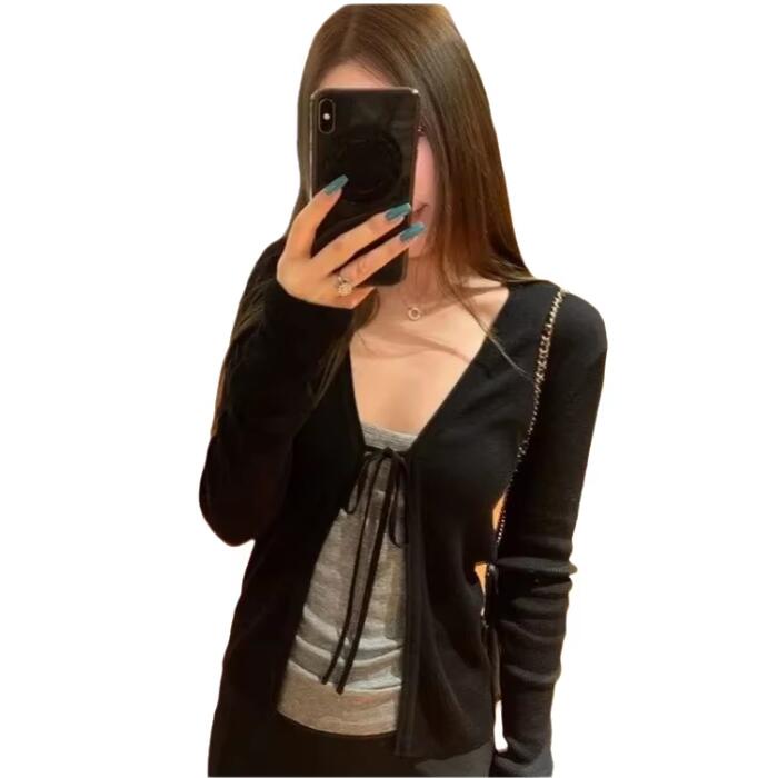 Vintage Fashion Postcards - 여성용 니트 얇은 긴 소매 카디건