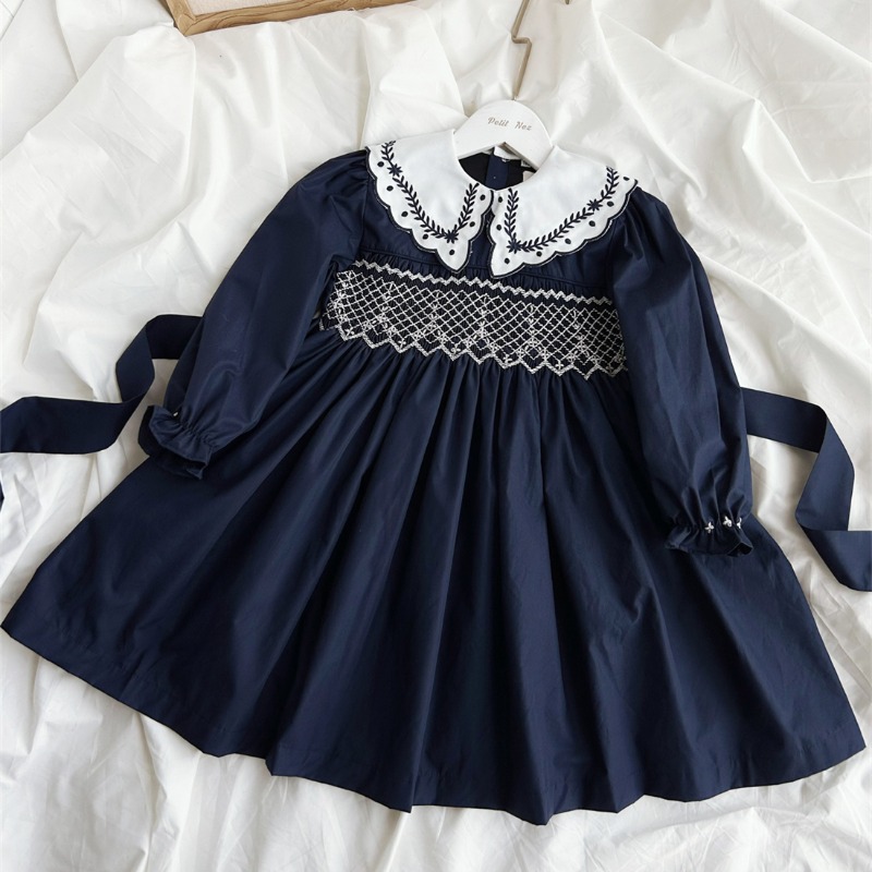 Vintage Fashion Boutique - 빈티지 다크 블루 손자수 여아 긴팔